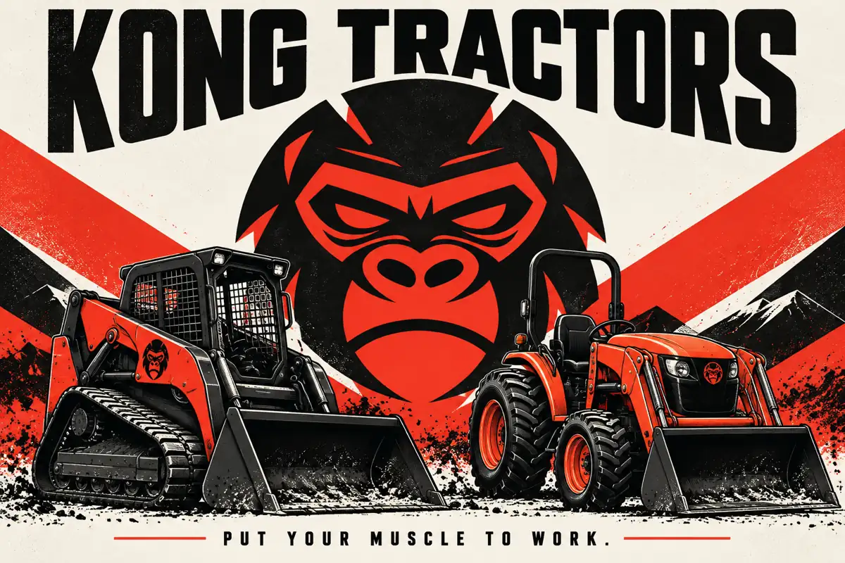 Kong recruitment poster with the gorilla emblem, compact track loader and tractor