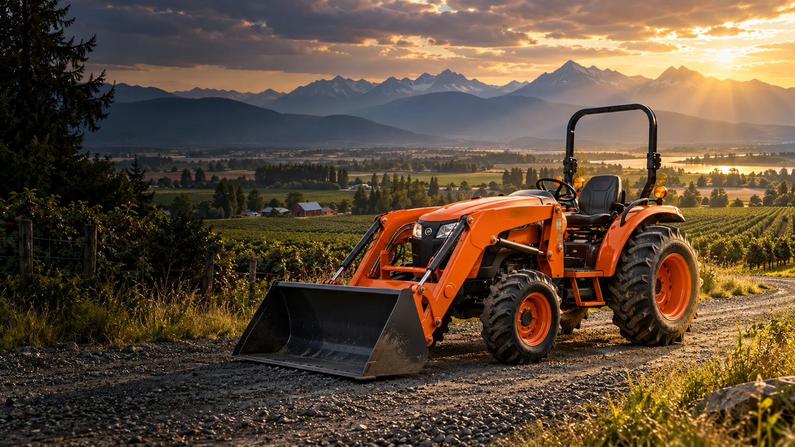 Orange loader tractor overlooking farmland and mountain foothills, illustrative Fraser Valley scene
