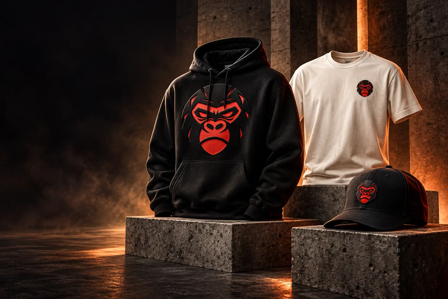 Kong original merchandise concepts: a black pullover hoodie with the red gorilla face, an off-white logo tee and a black cap