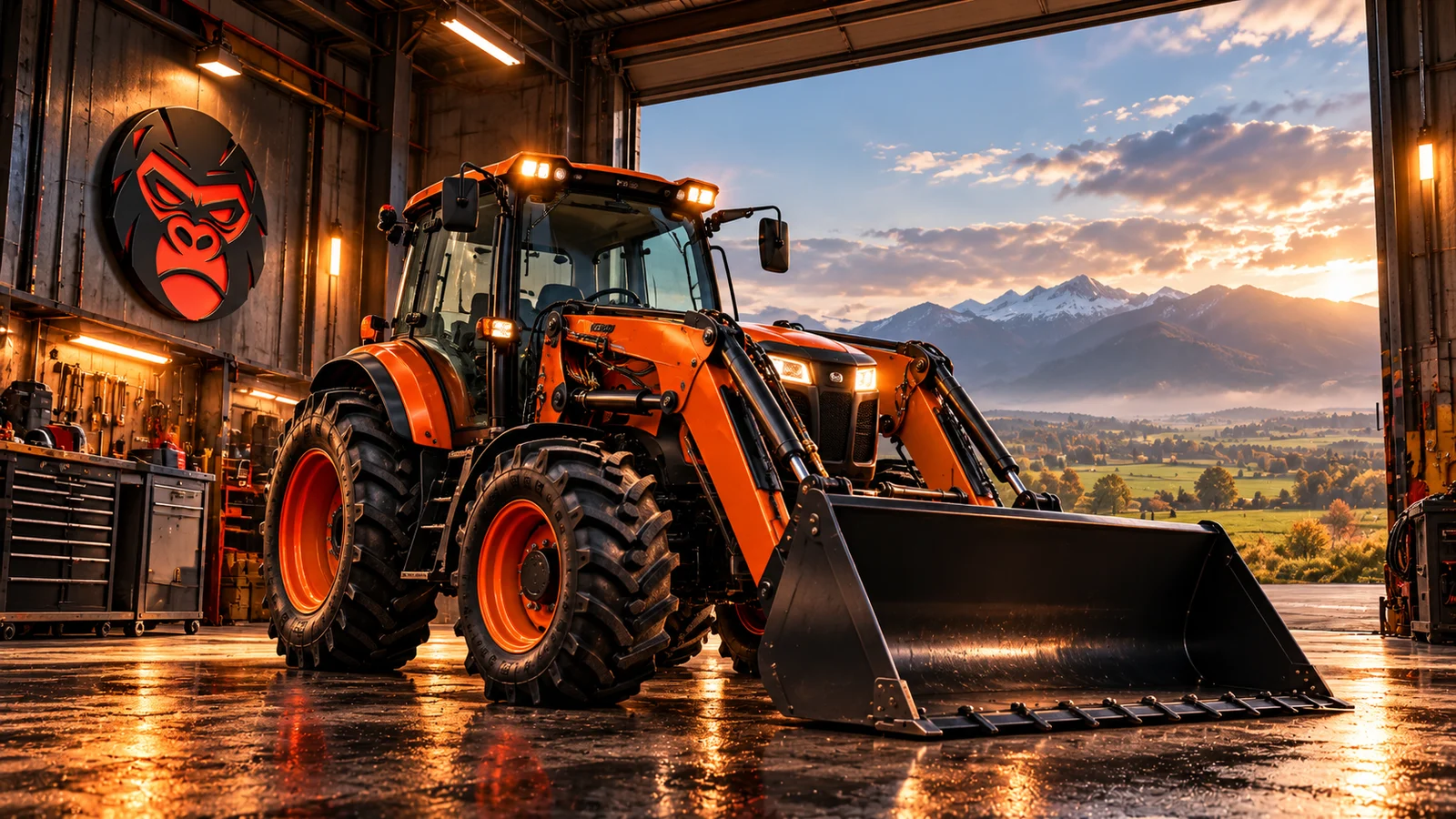 Orange tractor and front loader in a warmly lit workshop with the Kong emblem and mountains beyond, original campaign artwork