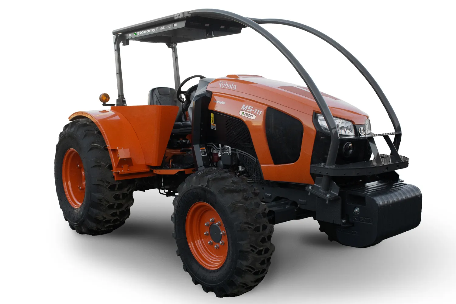 Orange Kubota M5L low-profile tractor with an Agtonomy Enabled canopy and protective front arch