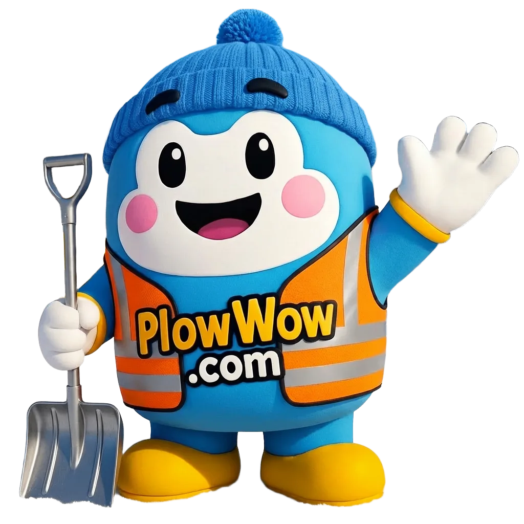 Wow, the PlowWow snow removal mascot, waving with a shovel