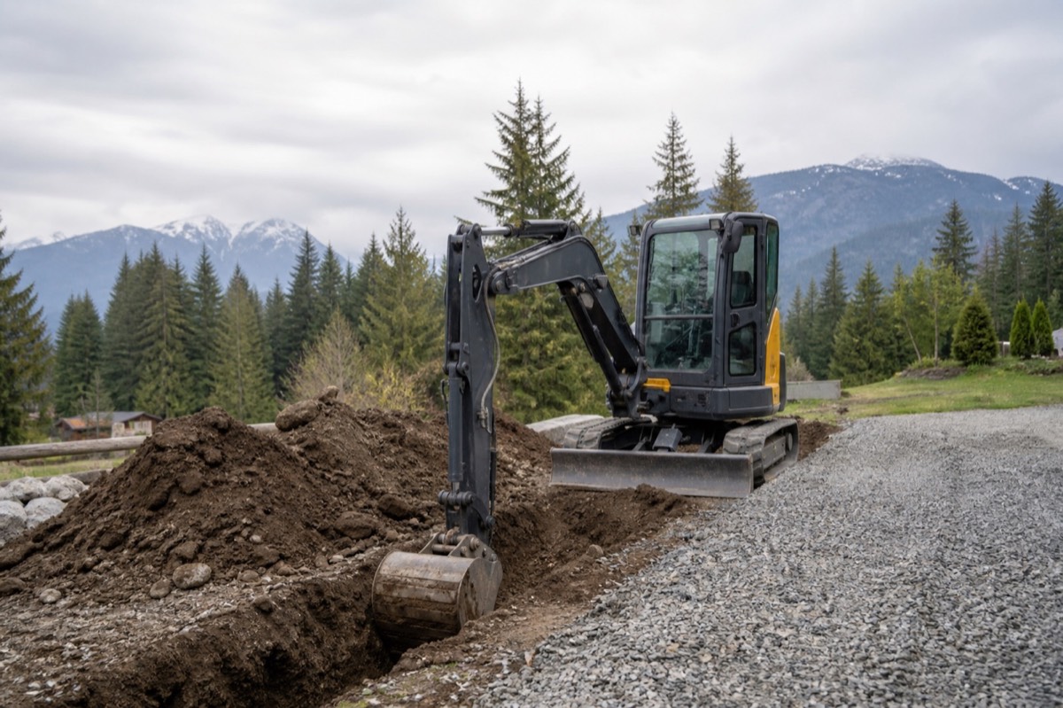 Service illustration of a compact excavator digging a shallow trench