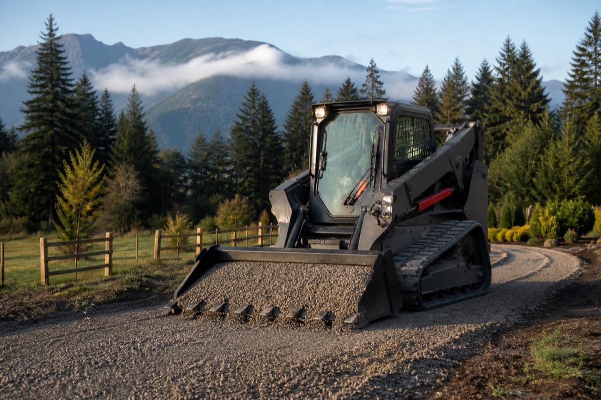 Service illustration of a compact track loader grading a gravel driveway