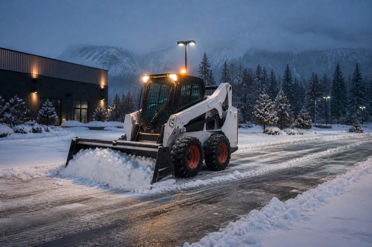 Service illustration of a skid steer clearing snow from a commercial parking lot